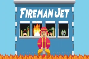 Người lính cứu hỏa đứng trước tòa nhà màu xanh với từ FIREMAN JET phía trên, nền là đám cháy và người dân trong cửa sổ