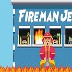 Người lính cứu hỏa đứng trước tòa nhà màu xanh với từ FIREMAN JET phía trên, nền là đám cháy và người dân trong cửa sổ