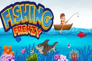 Một cậu bé ngồi câu cá trên thuyền với dòng chữ lớn Fishing Frenzy và cảnh biển đầy san hô cùng các loài cá hoạt hình