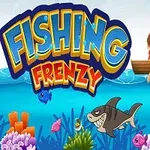 Một cậu bé ngồi câu cá trên thuyền với dòng chữ lớn Fishing Frenzy và cảnh biển đầy san hô cùng các loài cá hoạt hình