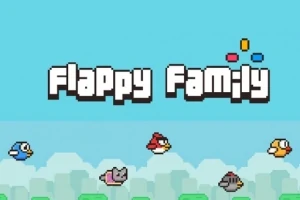 Hình ảnh có chữ Flappy Family cùng với năm con chim hoạt hình mang màu sắc khác nhau bay ngang qua nền xanh da trời