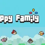 Hình ảnh có chữ Flappy Family cùng với năm con chim hoạt hình mang màu sắc khác nhau bay ngang qua nền xanh da trời