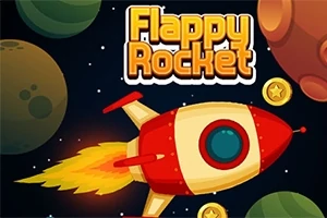 Tên Flappy Rocket xuất hiện trên nền không gian với hình ảnh phi thuyền màu đỏ trắng đang bay qua các hành tinh và đồng xu vàng