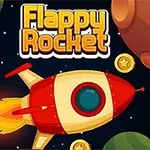 Tên Flappy Rocket xuất hiện trên nền không gian với hình ảnh phi thuyền màu đỏ trắng đang bay qua các hành tinh và đồng xu vàng