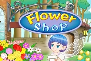 Biển hiệu Flower Shop trên nền cửa hàng hoa với một nhân vật tiên có tóc xanh đứng cạnh, xung quanh là các loài hoa đầy màu sắc