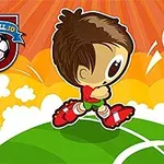 Hình ảnh một nhân vật hoạt hình đang đá bóng trên sân cỏ với nền trời màu cam và hình ảnh quả bóng