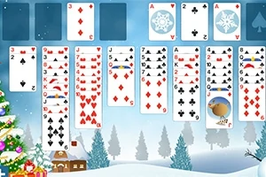 Trò chơi bài trên nền cảnh mùa đông với cây thông Noel và ngôi nhà phủ tuyết