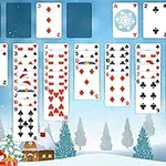 Trò chơi bài trên nền cảnh mùa đông với cây thông Noel và ngôi nhà phủ tuyết