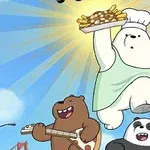 Ba chú gấu hoạt hình vui vẻ đang nhảy lên trời, mỗi chú gấu cầm một đồ vật khác nhau: một đàn guitar, một đĩa thức ăn, và một găng tay bóng chày