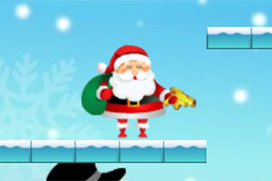 Ông già Noel cầm súng đồ chơi màu vàng đứng trên nền băng tuyết với túi quà xanh lá