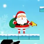 Ông già Noel cầm súng đồ chơi màu vàng đứng trên nền băng tuyết với túi quà xanh lá