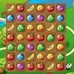 Các hoa quả có khuôn mặt ngộ nghĩnh xếp thành lưới trên nền cảnh đồng quê xanh mướt