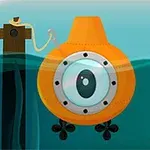 Tàu ngầm màu cam có cửa sổ tròn đang nổi trên mặt nước gần một bến tàu