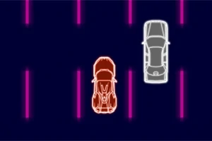 Hai chiếc xe có viền sáng trên nền tối với các đường ngang màu hồng neon