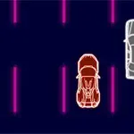 Hai chiếc xe có viền sáng trên nền tối với các đường ngang màu hồng neon