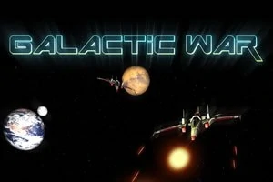 Hình ảnh một phi thuyền vũ trụ đang bay trong không gian, với nền là các hành tinh và dòng chữ GALACTIC WAR ở phía trên