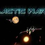 Hình ảnh một phi thuyền vũ trụ đang bay trong không gian, với nền là các hành tinh và dòng chữ GALACTIC WAR ở phía trên