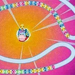 Nền màu tím và cam với một chú bò dễ thương ở trung tâm, bao quanh bởi chuỗi hạt màu sắc