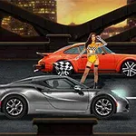 Hai chiếc siêu xe màu cam và xám đậu trên đường với một người phụ nữ đứng giữa, nền là cảnh thành phố về đêm