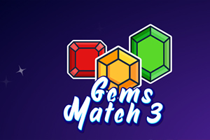 Ba viên đá quý đỏ, vàng và xanh lục trên nền màu tím với dòng chữ Gems Match 3