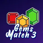 Ba viên đá quý đỏ, vàng và xanh lục trên nền màu tím với dòng chữ Gems Match 3