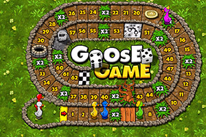 Bàn chơi với các ô số, chữ GOOSE GAME lớn ở trung tâm và các quân cờ màu sắc khác nhau trên nền cỏ xanh
