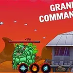 Người lính bắn súng vào quái vật xanh lớn trước nhà dưới bầu trời đỏ