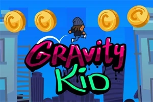 Một nhân vật đang nhảy lên với chữ Gravity Kid và các đồng xu vàng trong bối cảnh thành phố