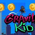 Một nhân vật đang nhảy lên với chữ Gravity Kid và các đồng xu vàng trong bối cảnh thành phố