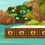 Ninja xanh lá nhảy trên các thùng gỗ trên bãi biển nhiệt đới