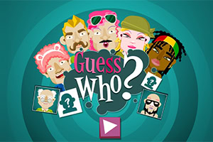 Các gương mặt hoạt hình với biểu cảm và phụ kiện độc đáo xung quanh chữ Guess Who?