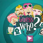 Các gương mặt hoạt hình với biểu cảm và phụ kiện độc đáo xung quanh chữ Guess Who?