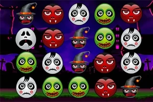 Các hình tròn với khuôn mặt ma quái như ma cà rồng, zombie và ma, được sắp xếp trên nền tối với các ngôi mộ và nhà ma ám