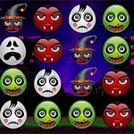 Các hình tròn với khuôn mặt ma quái như ma cà rồng, zombie và ma, được sắp xếp trên nền tối với các ngôi mộ và nhà ma ám
