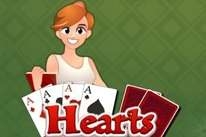 Hình ảnh một nhân vật hoạt hình nữ cầm bài, với bốn lá Át và chữ Hearts ở phía trước, trên nền màu xanh lá cây