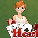 Hình ảnh một nhân vật hoạt hình nữ cầm bài, với bốn lá Át và chữ Hearts ở phía trước, trên nền màu xanh lá cây