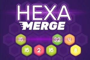 Nền màu tím với chữ HEXA MERGE nổi bật và các ô số gồm 16, 32, 4, 16, 2, và 8