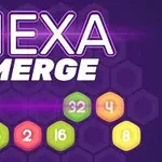 Nền màu tím với chữ HEXA MERGE nổi bật và các ô số gồm 16, 32, 4, 16, 2, và 8