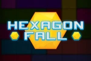 Dòng chữ HEXAGON FALL màu xanh dương nổi bật trên nền tổ ong màu vàng, xung quanh có nhiều khối màu sắc đậm