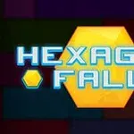 Dòng chữ HEXAGON FALL màu xanh dương nổi bật trên nền tổ ong màu vàng, xung quanh có nhiều khối màu sắc đậm