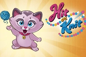 Hình ảnh một chú mèo hoạt hình màu tím với biểu cảm vui vẻ cầm cuộn len xanh, bên cạnh là dòng chữ Hit or Knit trên nền vàng