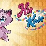Hình ảnh một chú mèo hoạt hình màu tím với biểu cảm vui vẻ cầm cuộn len xanh, bên cạnh là dòng chữ Hit or Knit trên nền vàng