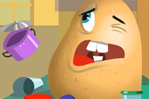Hình ảnh một củ khoai tây với biểu cảm mặt lo lắng, xung quanh có nồi nhỏ và các vật dụng nhà bếp khác