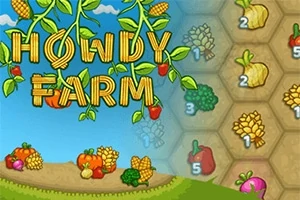 Các loại rau củ nhiều màu sắc và chữ Howdy Farm được trình bày trên nền màu xanh