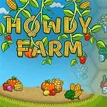 Các loại rau củ nhiều màu sắc và chữ Howdy Farm được trình bày trên nền màu xanh