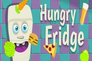 Tủ lạnh hoạt hình với mắt to, miệng đang ăn bánh hamburger, trên đầu có củ cà rốt và xung quanh là miếng pizza, ly nước, rau diếp và táo, nền gạch xanh tím