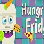 Tủ lạnh hoạt hình với mắt to, miệng đang ăn bánh hamburger, trên đầu có củ cà rốt và xung quanh là miếng pizza, ly nước, rau diếp và táo, nền gạch xanh tím