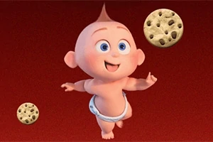 Em bé hoạt hình vui vẻ đang nhảy múa với hai chiếc bánh quy trên nền đỏ