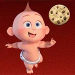Em bé hoạt hình vui vẻ đang nhảy múa với hai chiếc bánh quy trên nền đỏ