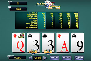 Giao diện trò chơi với bảng thanh toán và các lá bài poker bao gồm Q, 3, 3, A, 9 được hiển thị
